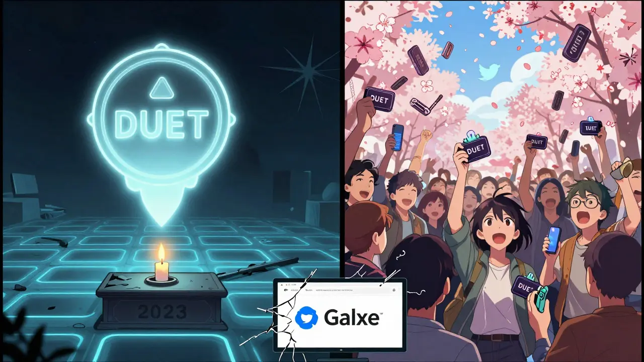Manga-style split scene: left shows a dead blockchain with a fading DUET token, right shows users celebrating as tokens rain down.