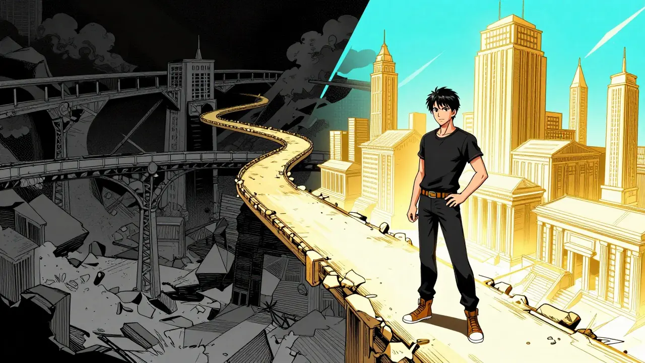 Protagonist choosing bright safe path over dark crumbling bridge in colorful manga illustration.