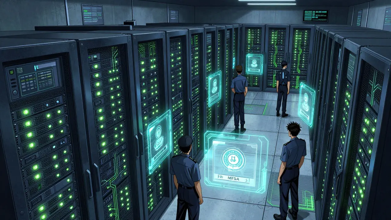 Secure data center with server racks and regulatory compliance badges