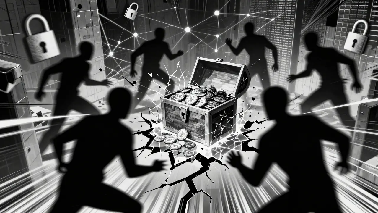 Shadowy figures threatening digital vault with locked coins in black and white manga drawing.