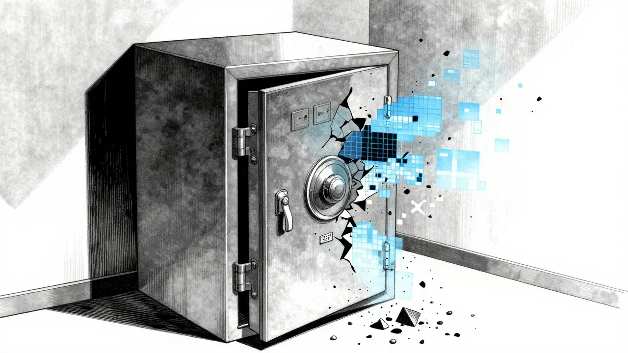 Shattering metal vault turning to pixels in gritty manga style.