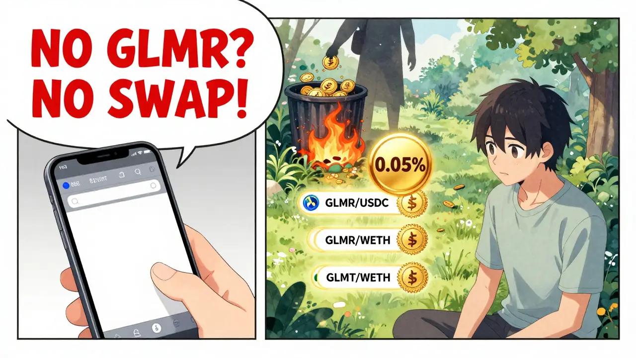 Split scene: one side shows a user with empty wallet unable to swap, other side shows calm GLINT staking with scam tokens burning nearby.