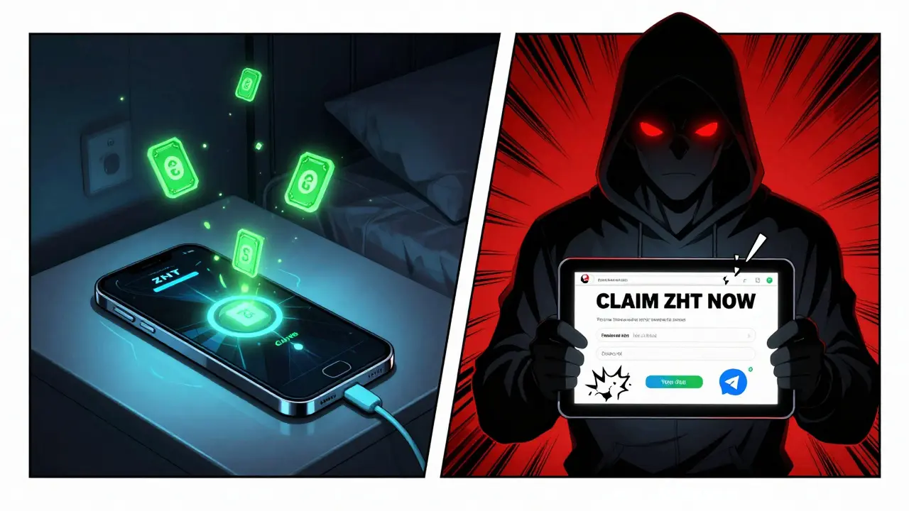Split scene: peaceful smartphone charging with floating ZHT tokens vs. shadowy scammer with fake website, highlighting crypto fraud.