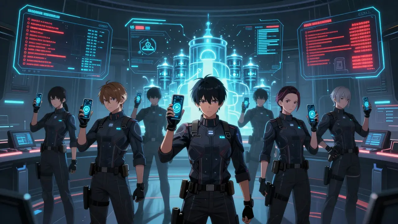 Team members with MFA tokens stand before holographic dashboards showing real-time credential alerts and automated security responses.