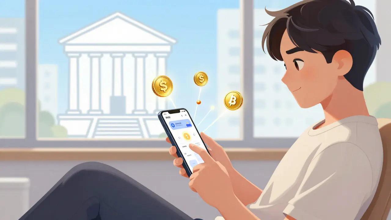 User transferring funds via mobile app to bank account.