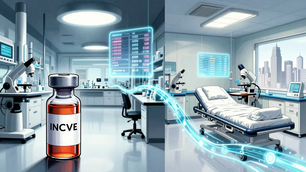 A glowing digital thread connecting a lab in Germany to a hospital in New York