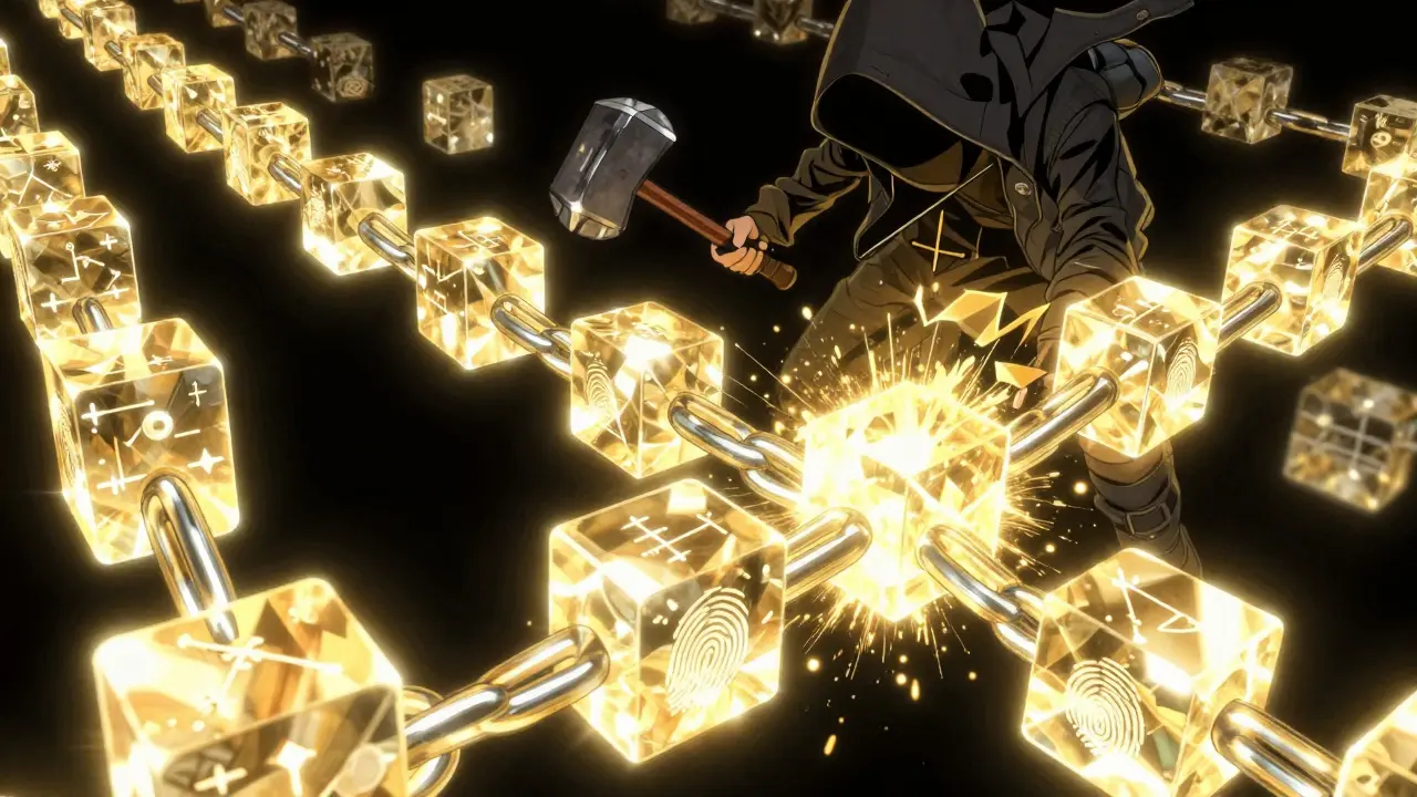 A hacker failing to break a chain of glowing crystalline data blocks