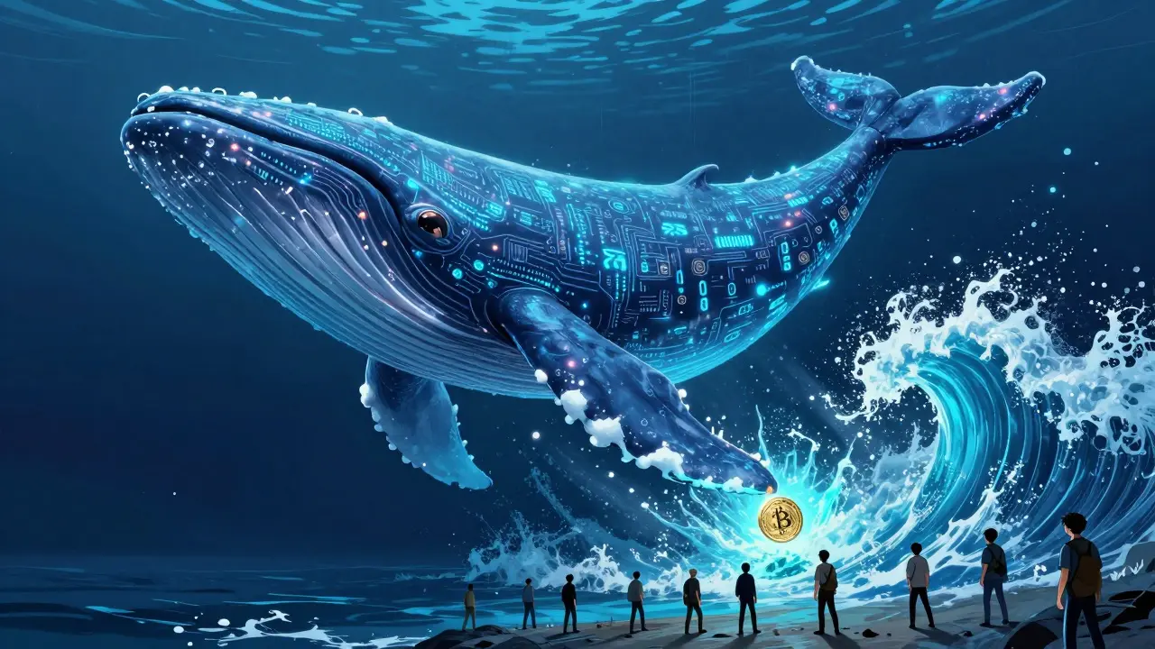 A massive digital whale creating a data wave that affects small cryptocurrency traders in manga style.