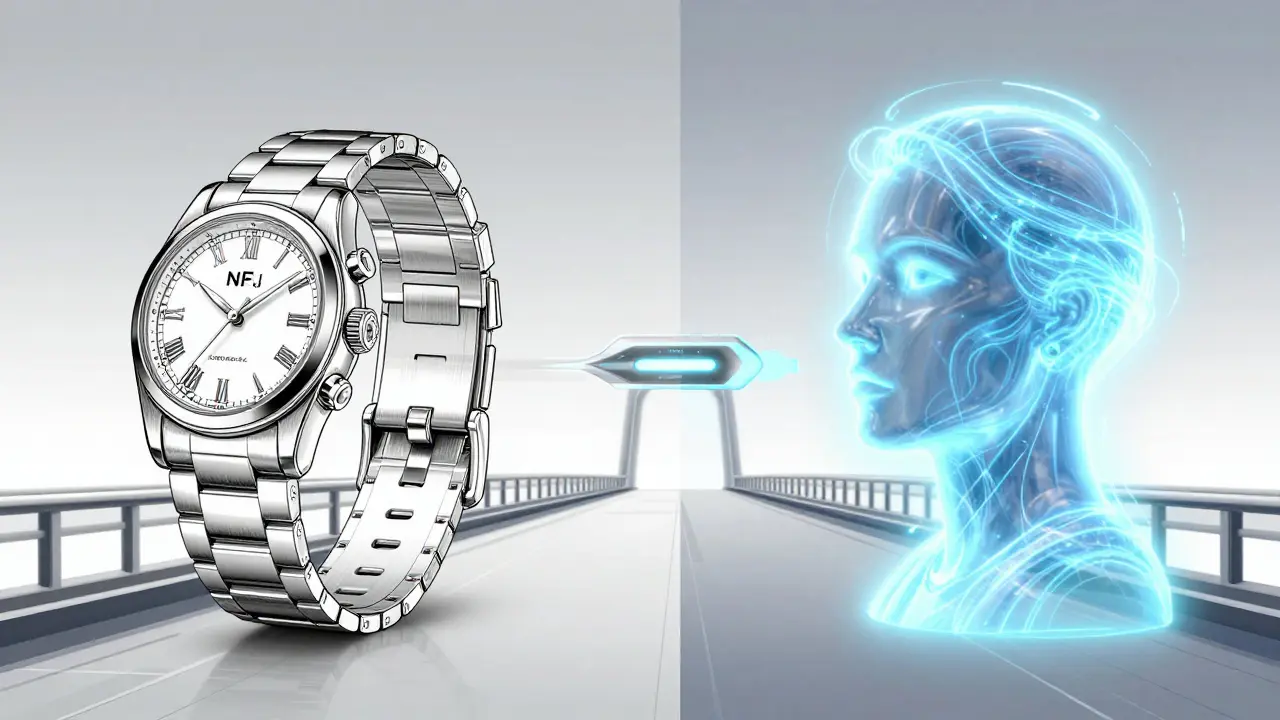 A physical object and its digital NFT twin connected by a futuristic interface.