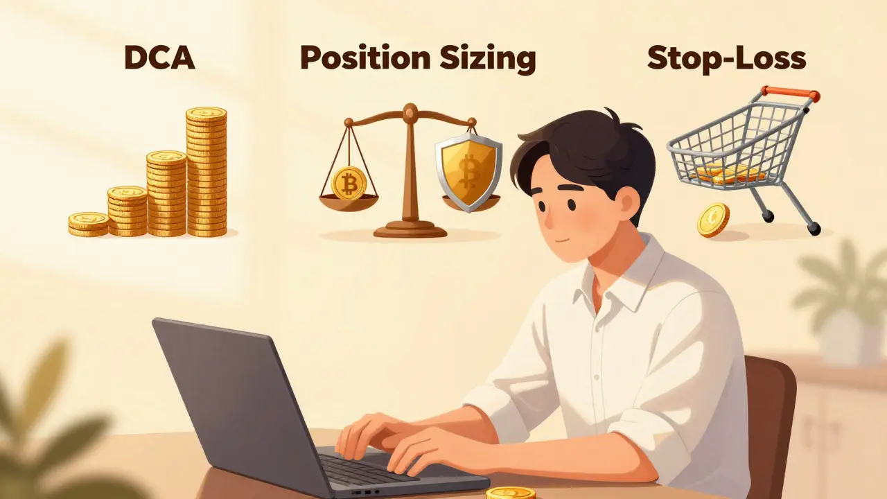 Calm manga investor with symbols representing dollar-cost averaging and risk management strategies.