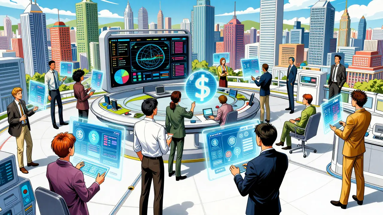 Cyber-city hub with traders interacting with holographic crypto charts in manga style