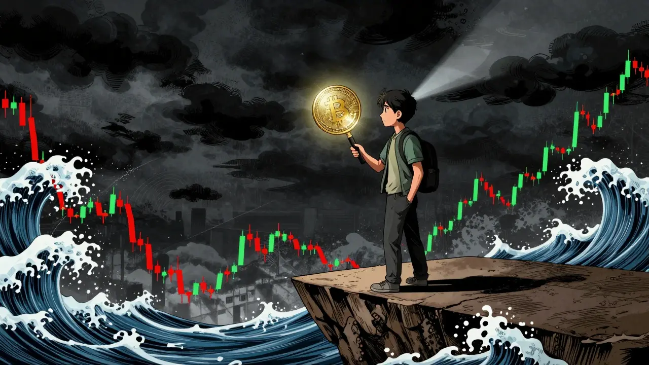 Investor standing on platform amidst stormy market trend waves