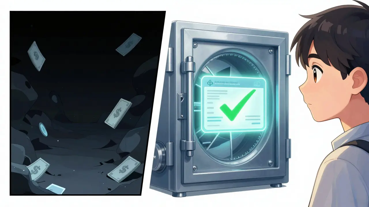 Manga art contrasting a chaotic unregulated exchange with a secure, verified digital vault.