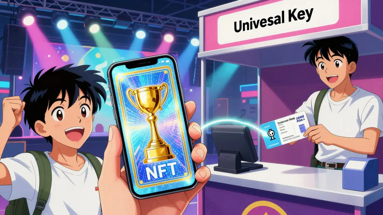 Manga art of a fan using a collectible NFT ticket as a digital key at a concert.