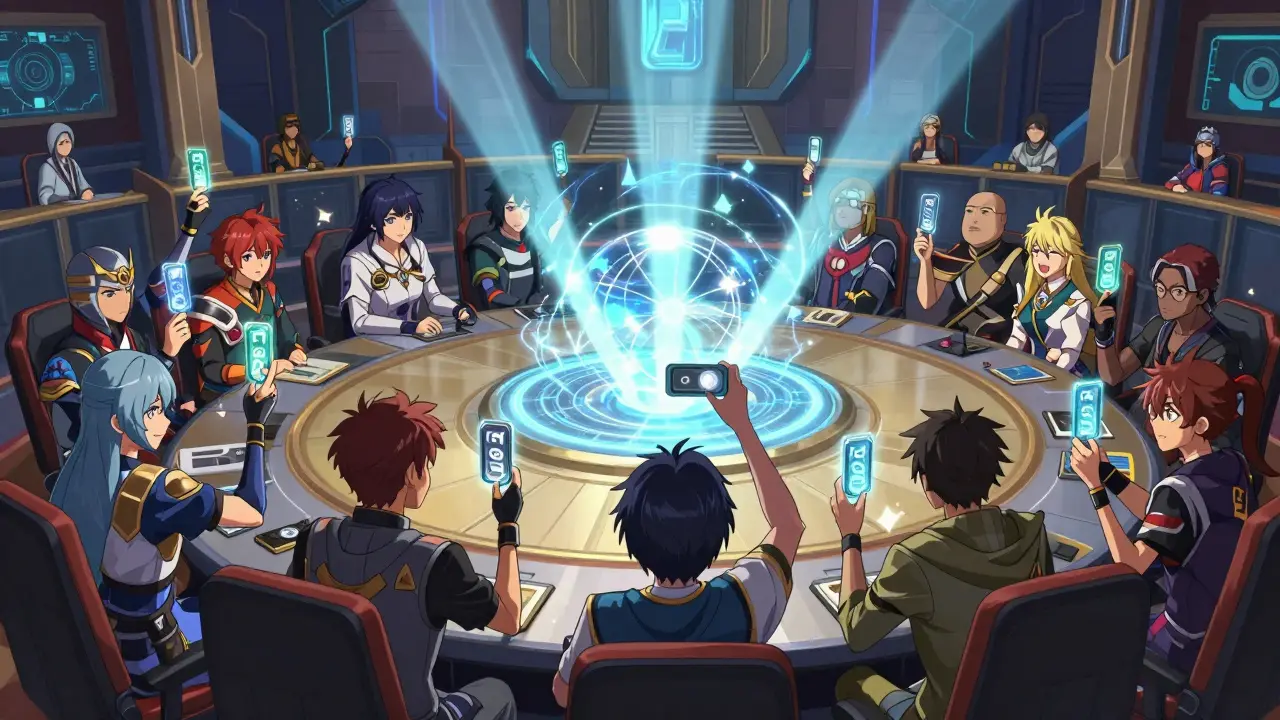 Manga art of gamers voting on a holographic orb using glowing LOA tokens in a council.