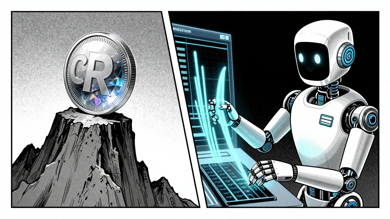 Manga illustration comparing a volatile crystal coin and a helpful trading bot assistant