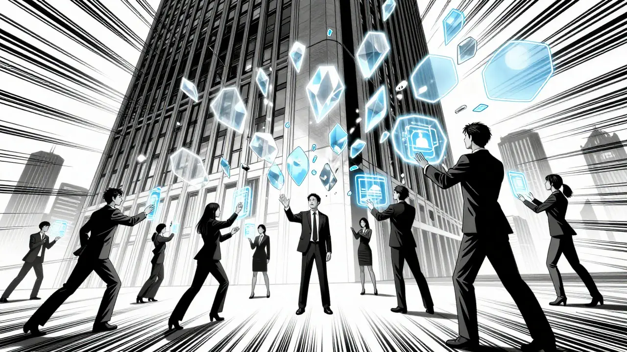 Manga illustration of a building being tokenized into floating digital shards