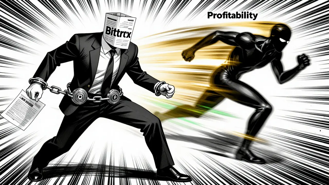 Manga illustration of a businessman shackled by legal papers while others speed past.