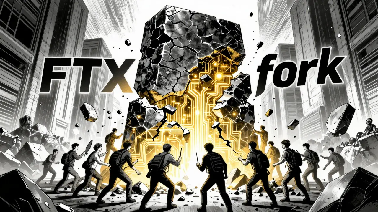 Manga illustration of a community rebuilding a digital network from ruins