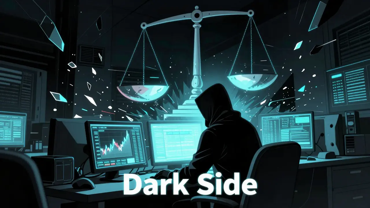 Manga illustration of a hooded hacker manipulating a giant digital scale to represent a flash loan attack.