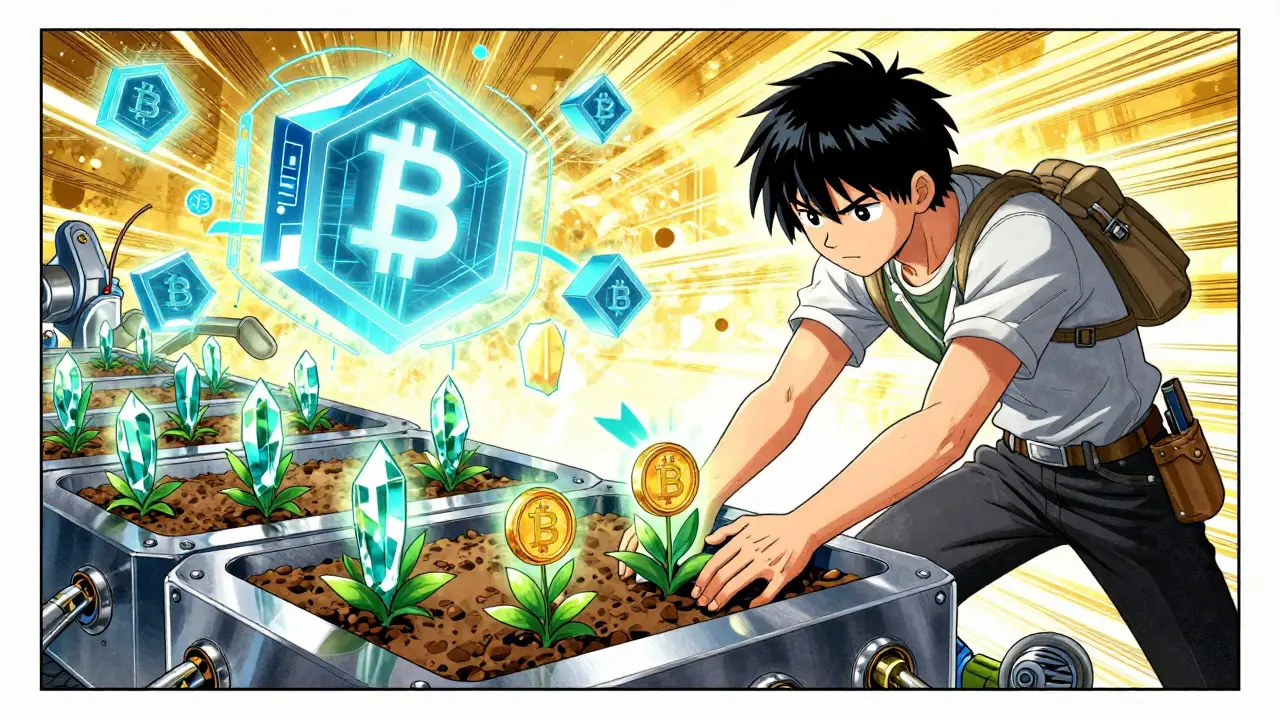 Manga illustration of a person farming glowing digital BSW tokens in a tech garden