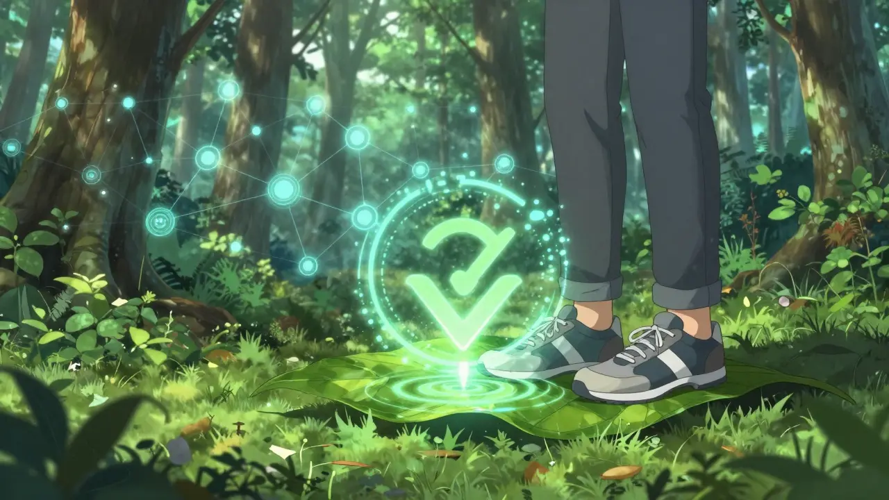 Manga illustration of a sneaker stepping on a leaf with digital blockchain effects in a green forest