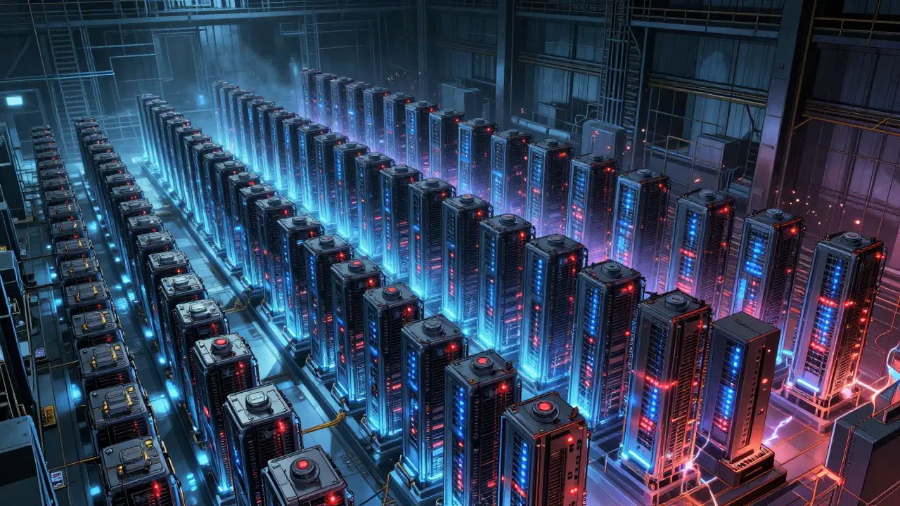 Manga illustration of a vast warehouse filled with glowing ASIC mining hardware.