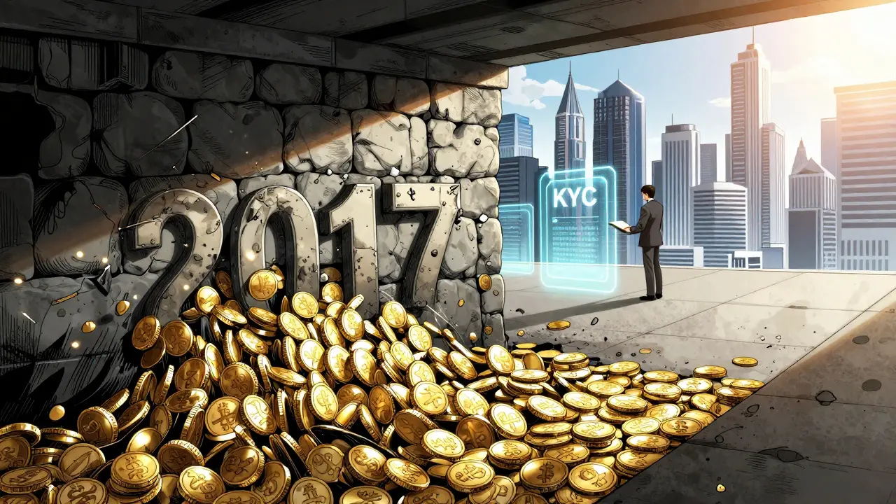 Manga illustration of digital coins breaking through a wall into a regulated financial future