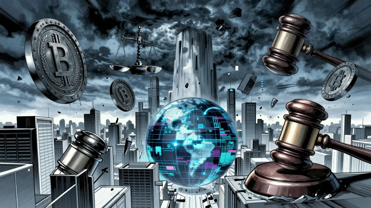 Manga illustration of giant judicial gavels crushing a digital crypto city.
