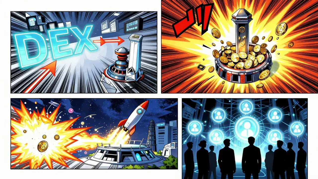Manga panel showing a digital exchange, token forge, launchpad, and voting system.