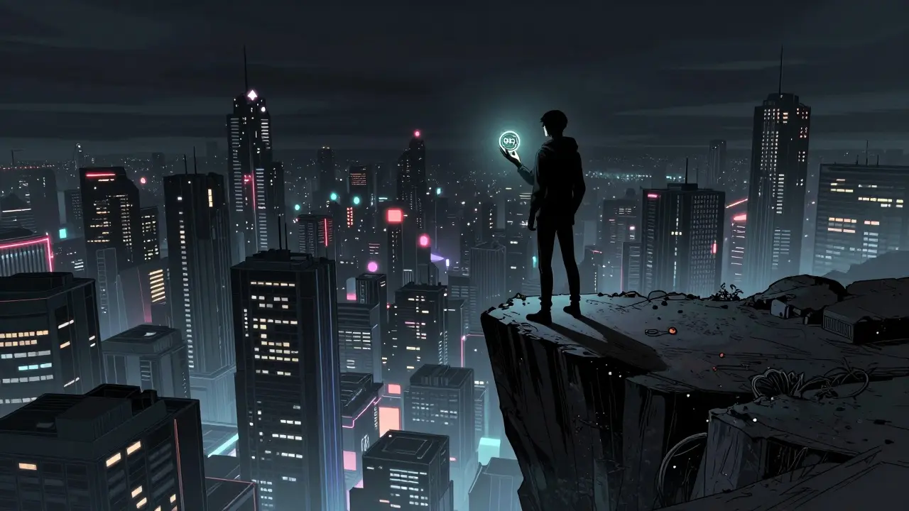 Manga scene of a person holding a glowing token overlooking a futuristic digital city.