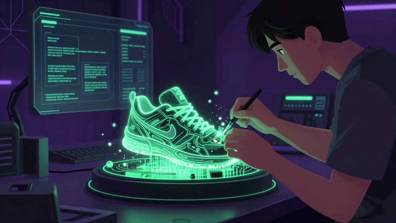 Manga scene of a user repairing digital NFT sneakers using glowing green energy in a tech lab