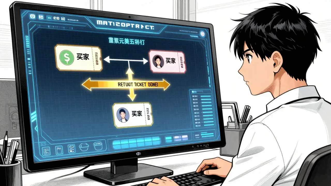 Manga scene of an organizer receiving automatic royalties via a smart contract dashboard.
