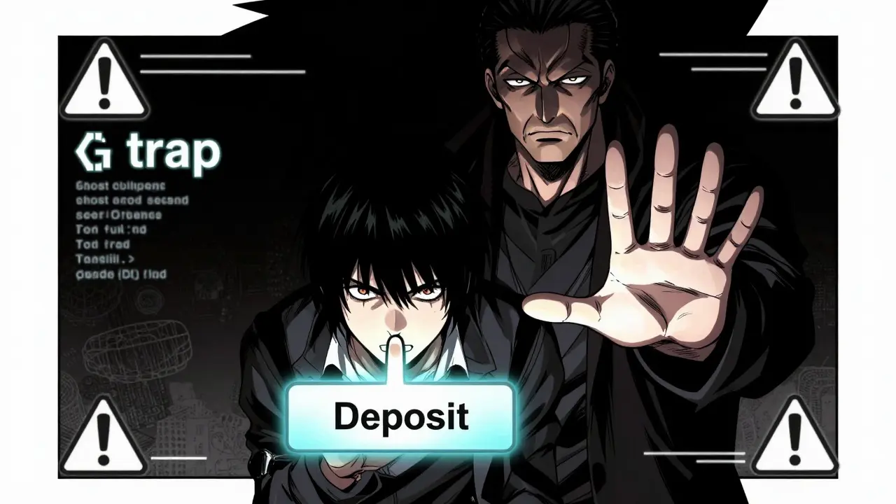 Manga scene showing a mentor stopping a user from clicking a suspicious crypto deposit button