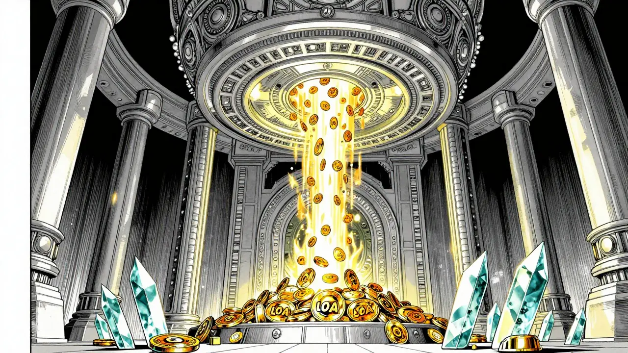 Manga scene showing LOA tokens being rewarded from a futuristic digital vault.