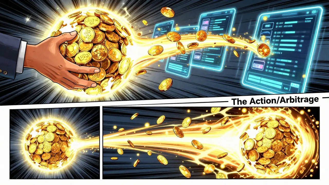 Manga sequence depicting the fast cycle of borrowing, trading, and repaying a flash loan via digital orbs.