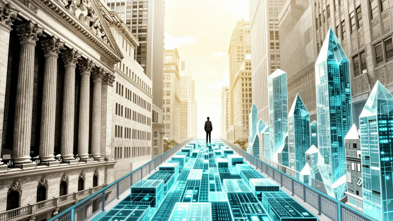 Manga style bridge connecting a traditional stock exchange to a digital city