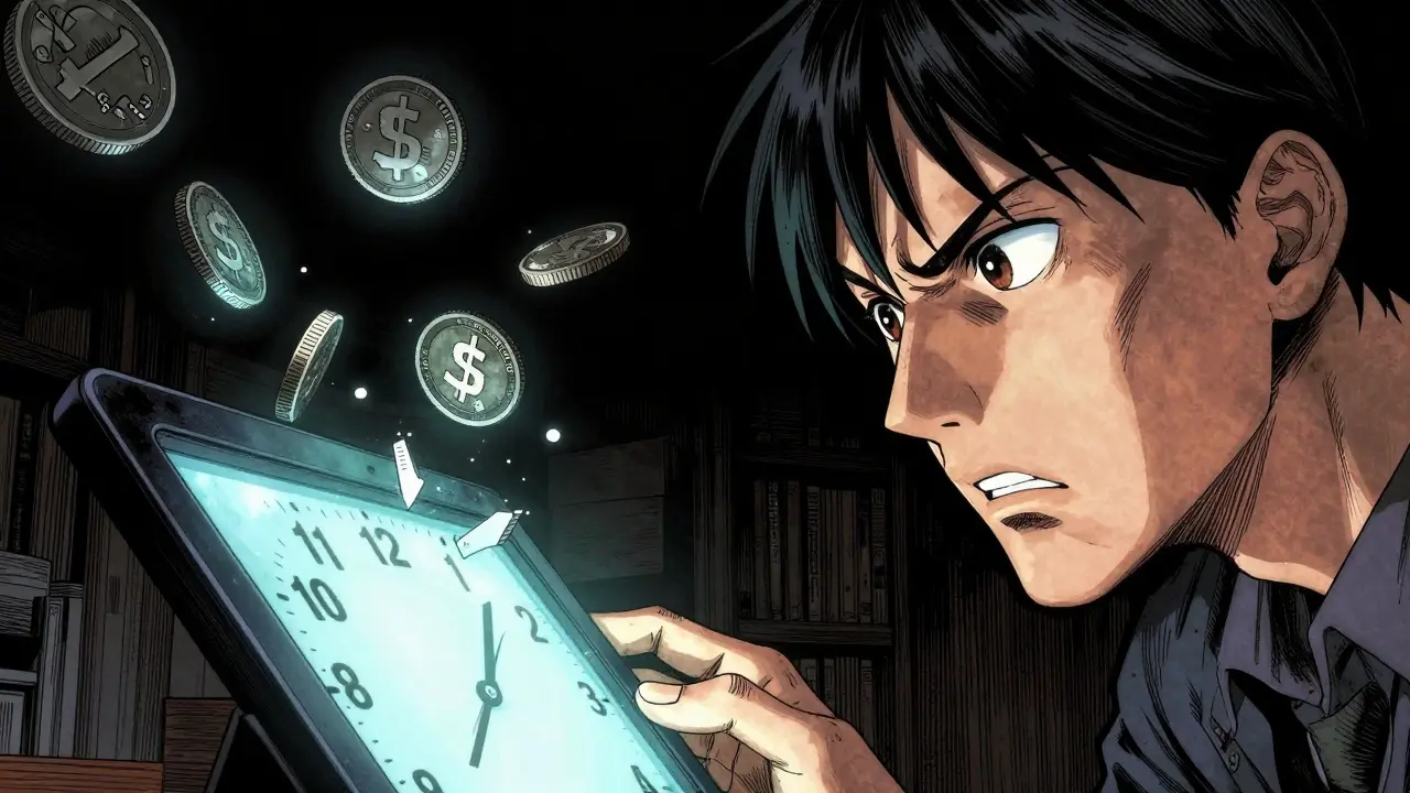 Manga style close-up of a person looking at a screen with coins dissolving in the background.