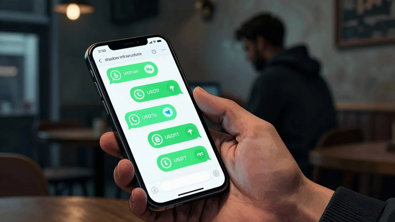 Manga style close-up of a smartphone with encrypted crypto trading chats in a dimly lit cafe