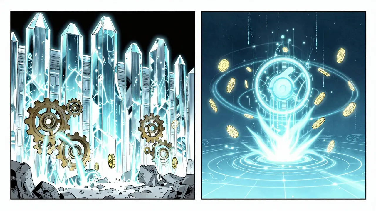 Manga style contrast between a heavy energy-powered wall and a floating digital coin system.