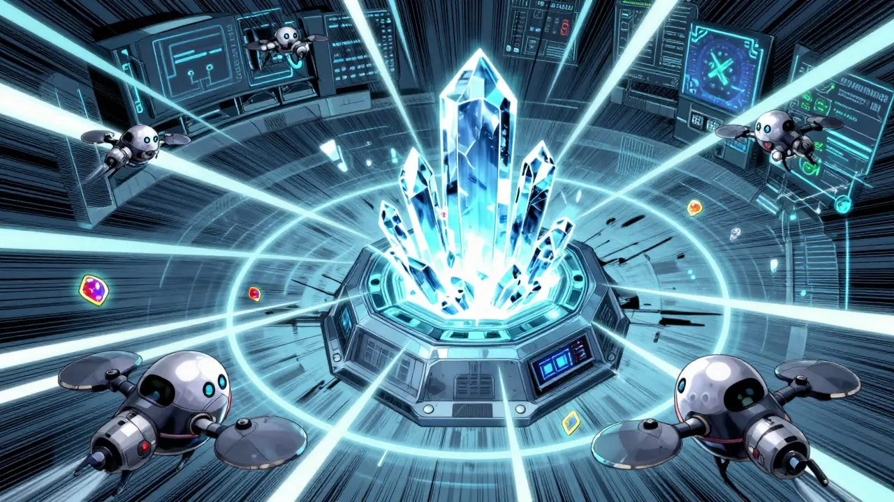Robotic drones scanning a glowing digital core to discover new crypto tokens.