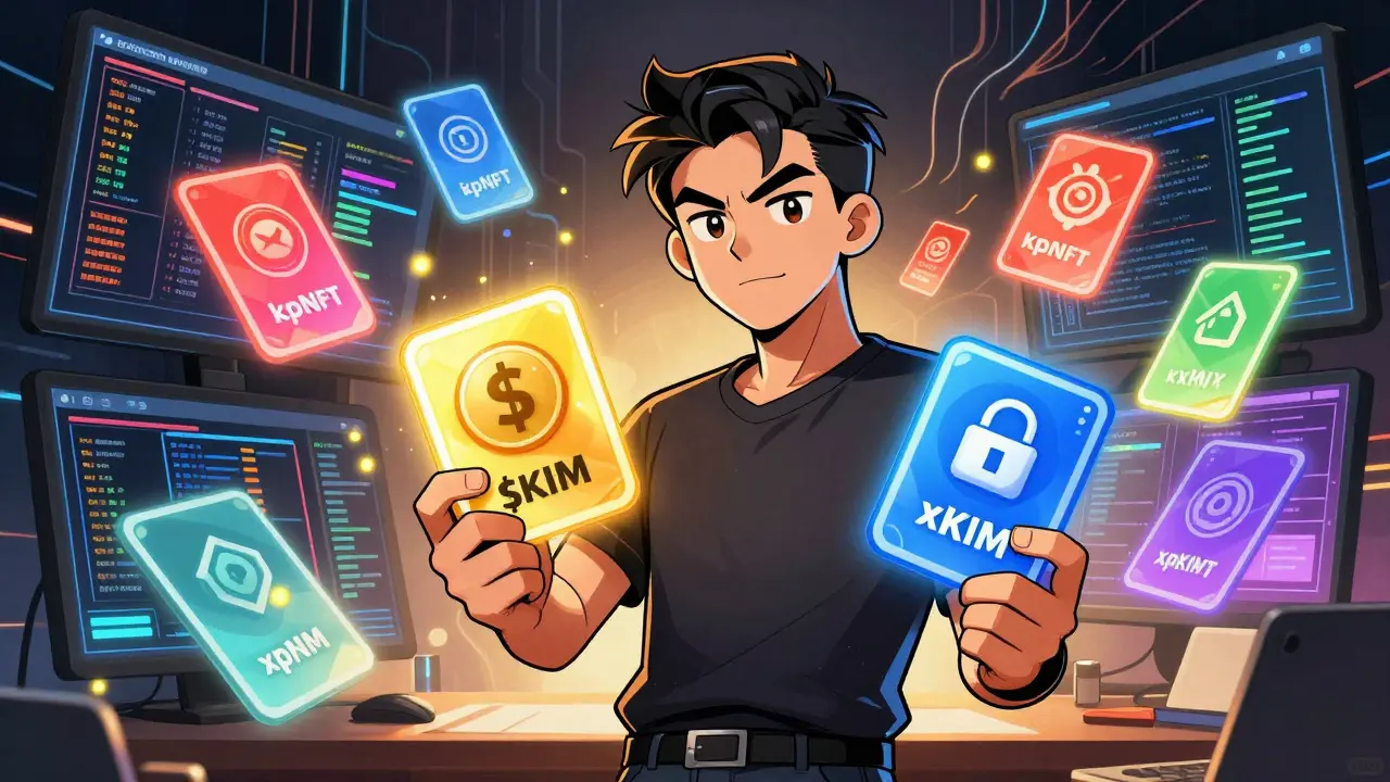 A manga-style trader holding tokens and NFTs amidst a complex DeFi dashboard.