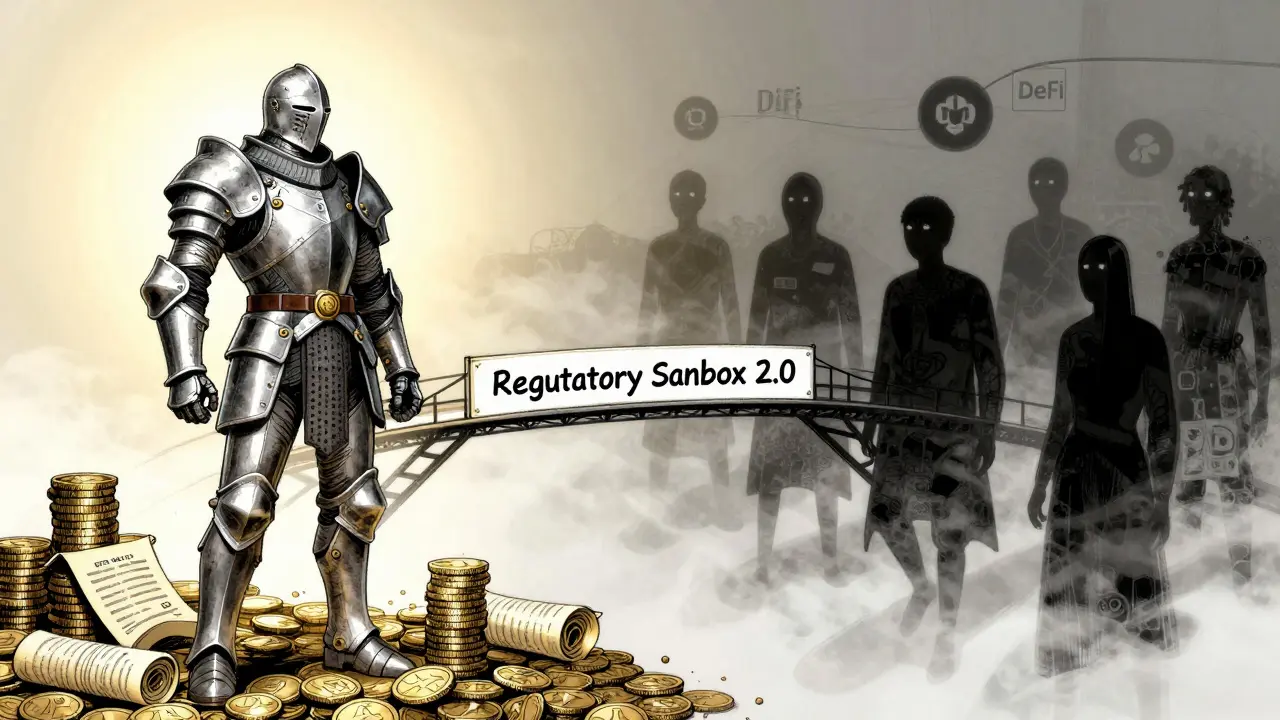 Anime illustration contrasting regulated crypto knights with shadowy DeFi figures