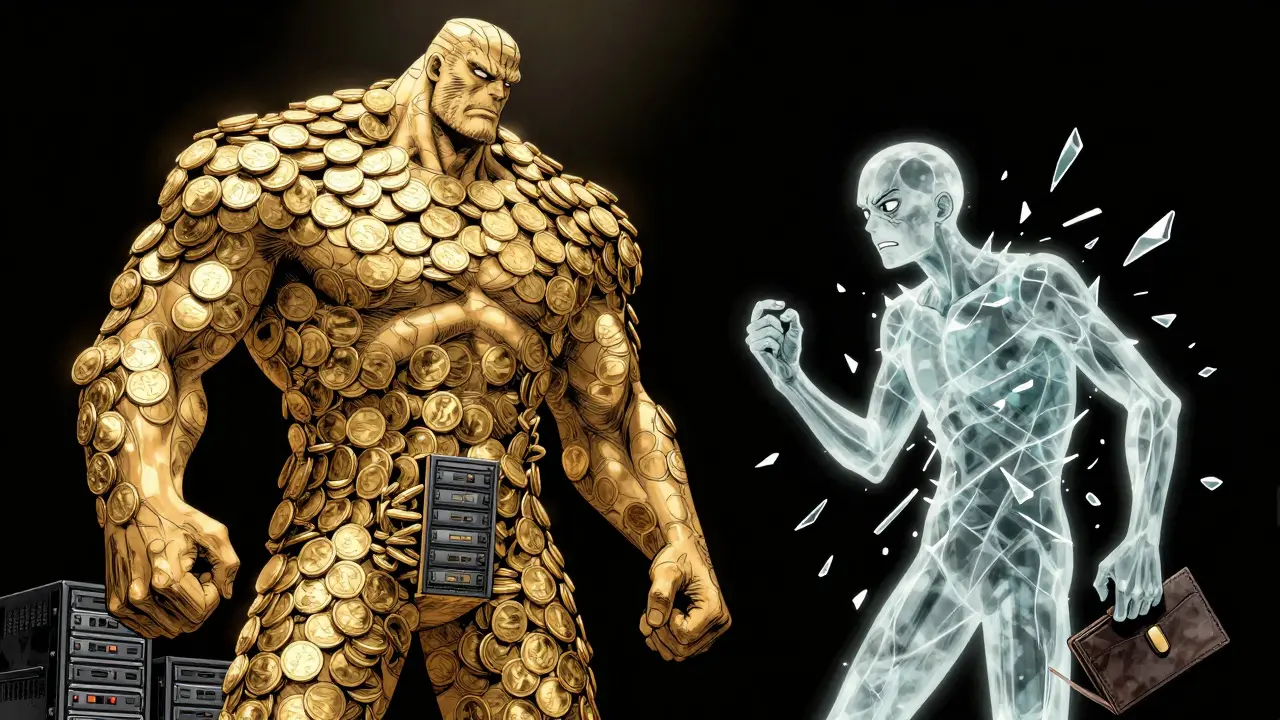 Anime style comparison of a strong giant versus a fragile figure, representing market dominance vs risk.