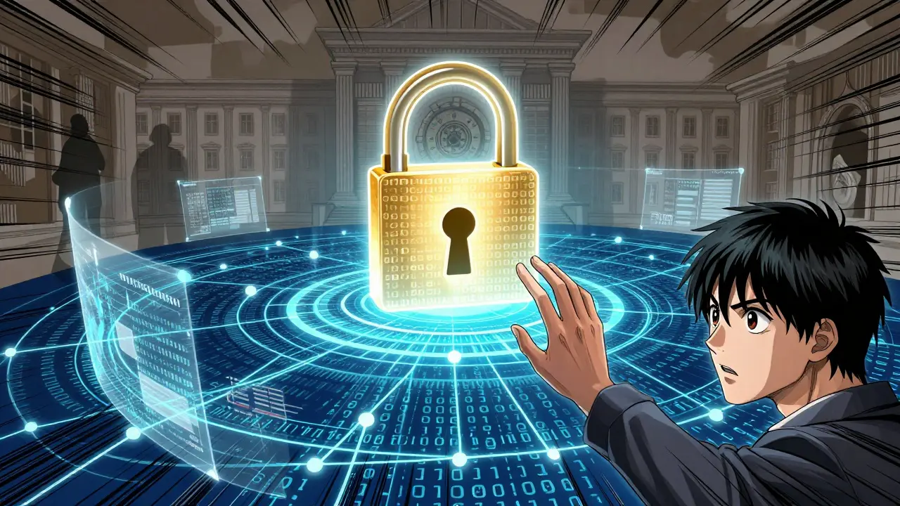 Anime style image of digital lock and blockchain network replacing old banks