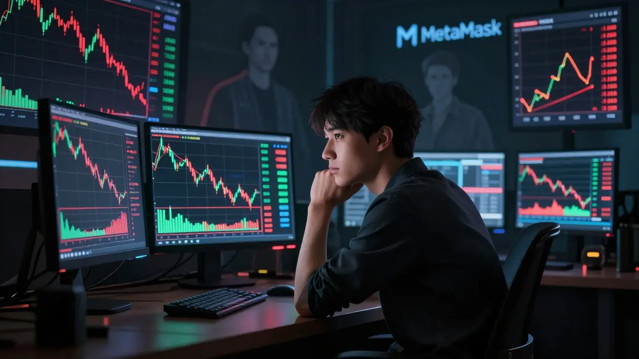 Anime trader analyzing volatile ROSX token charts on holographic screens.