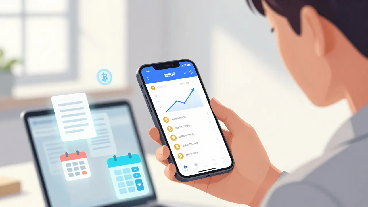 Anime user reviewing crypto wallet and tax records on a tablet in a bright room.