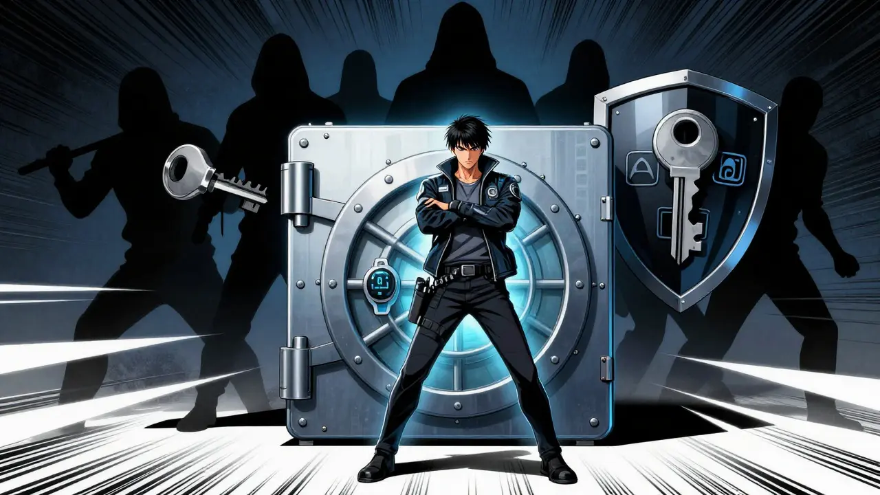 Character protecting hardware wallet from digital threats in manga style