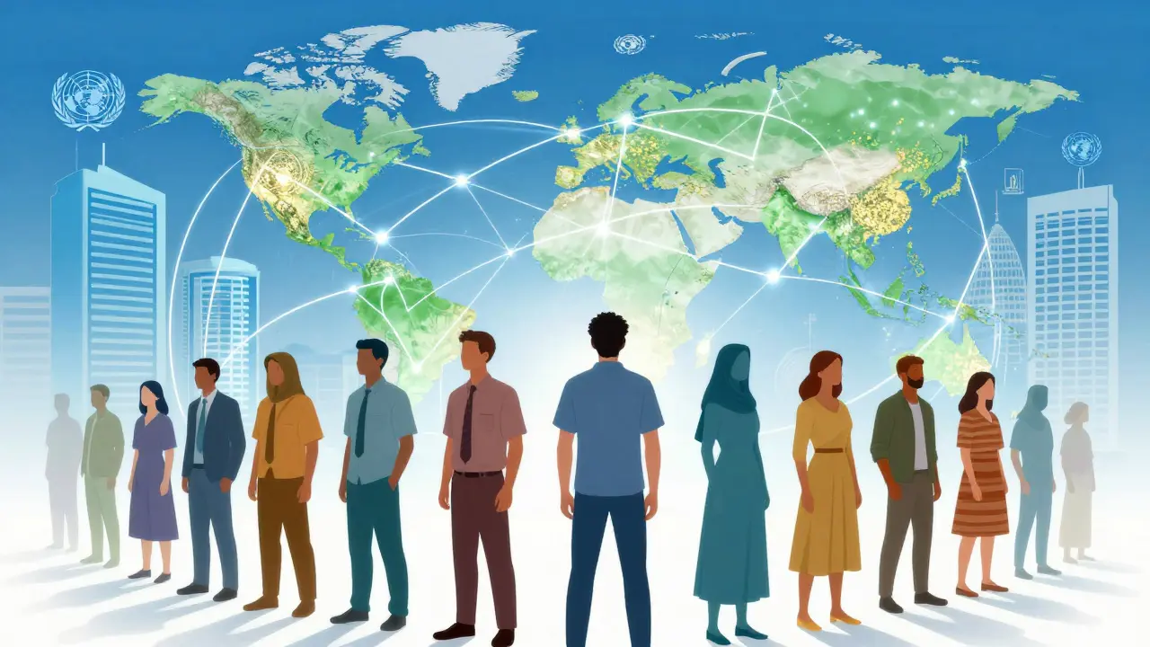 Connected digital network symbolizing aid unity