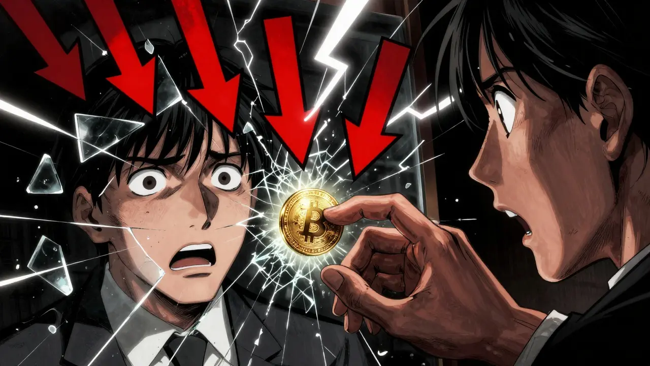 Dramatic manga close-up of investor facing crypto volatility and risk